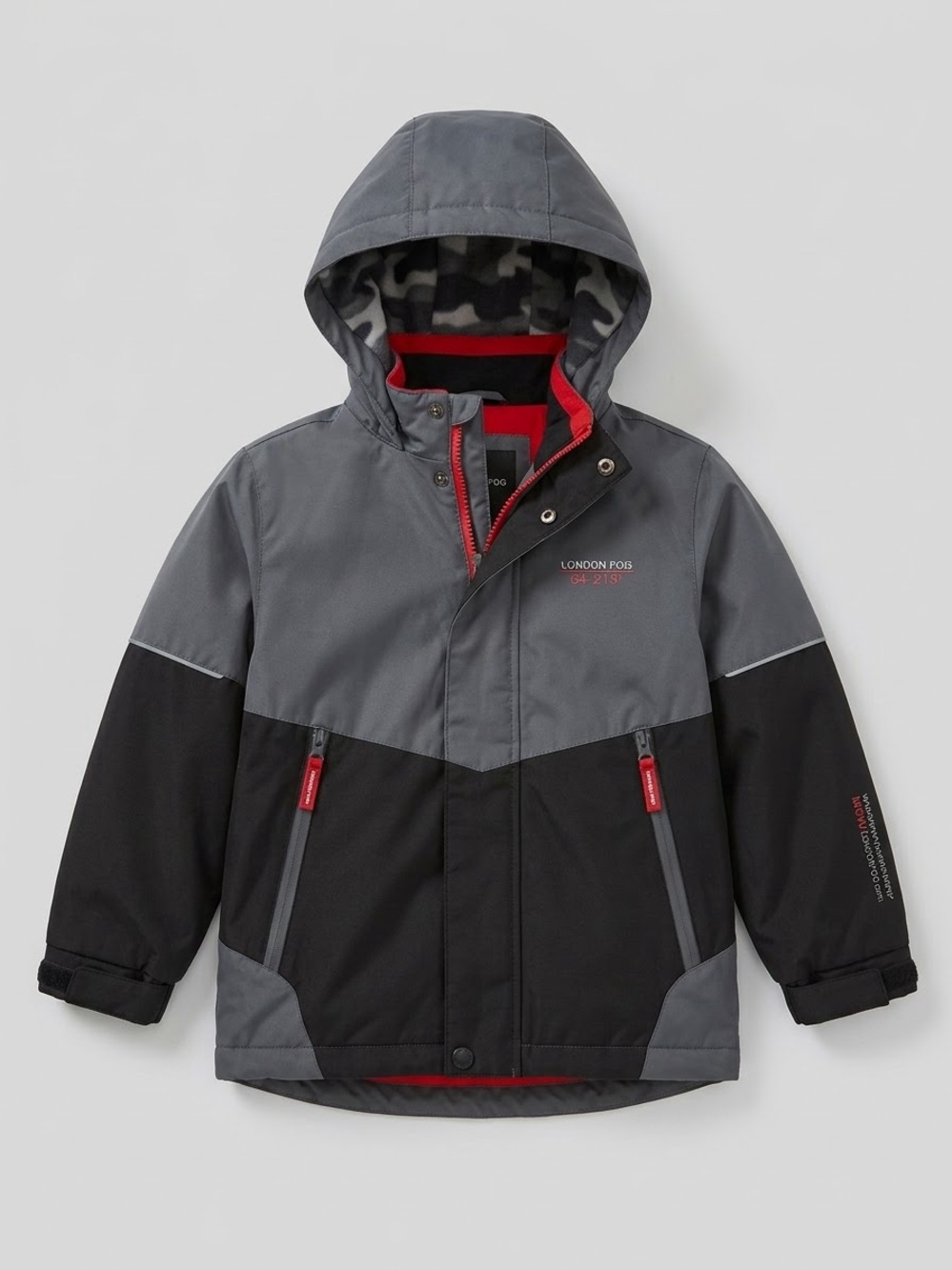 London Fog Boys' Gray, Black & Red Hooded Raincoat- size 7